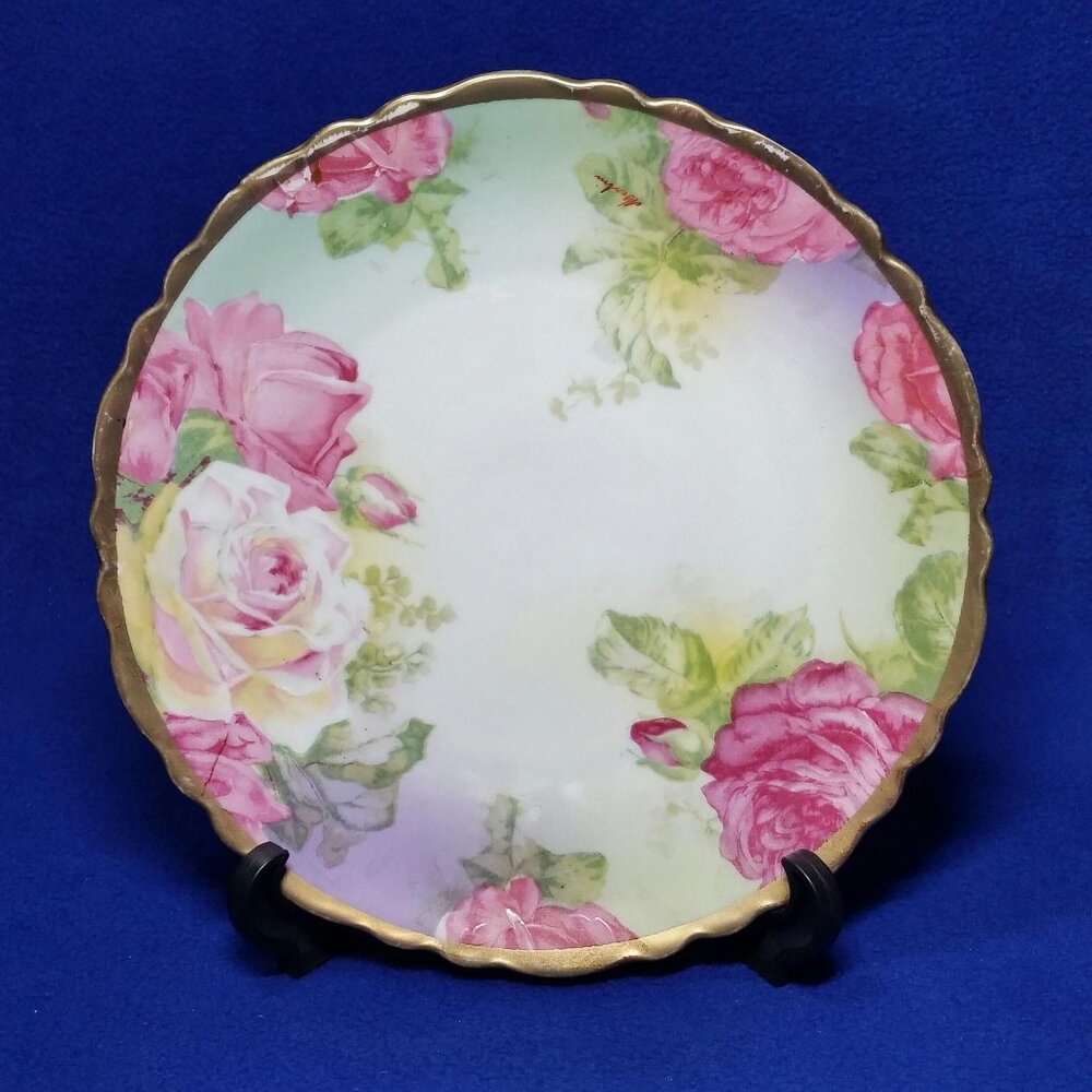 Antique Royal Austria Pink and Yellow Roses Plate O & EG Artist Signed AS IS